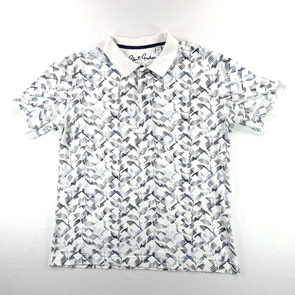 Robert Graham Men'sClassic Fit Short Sleeve Polo Shirt White Blue Print Size M